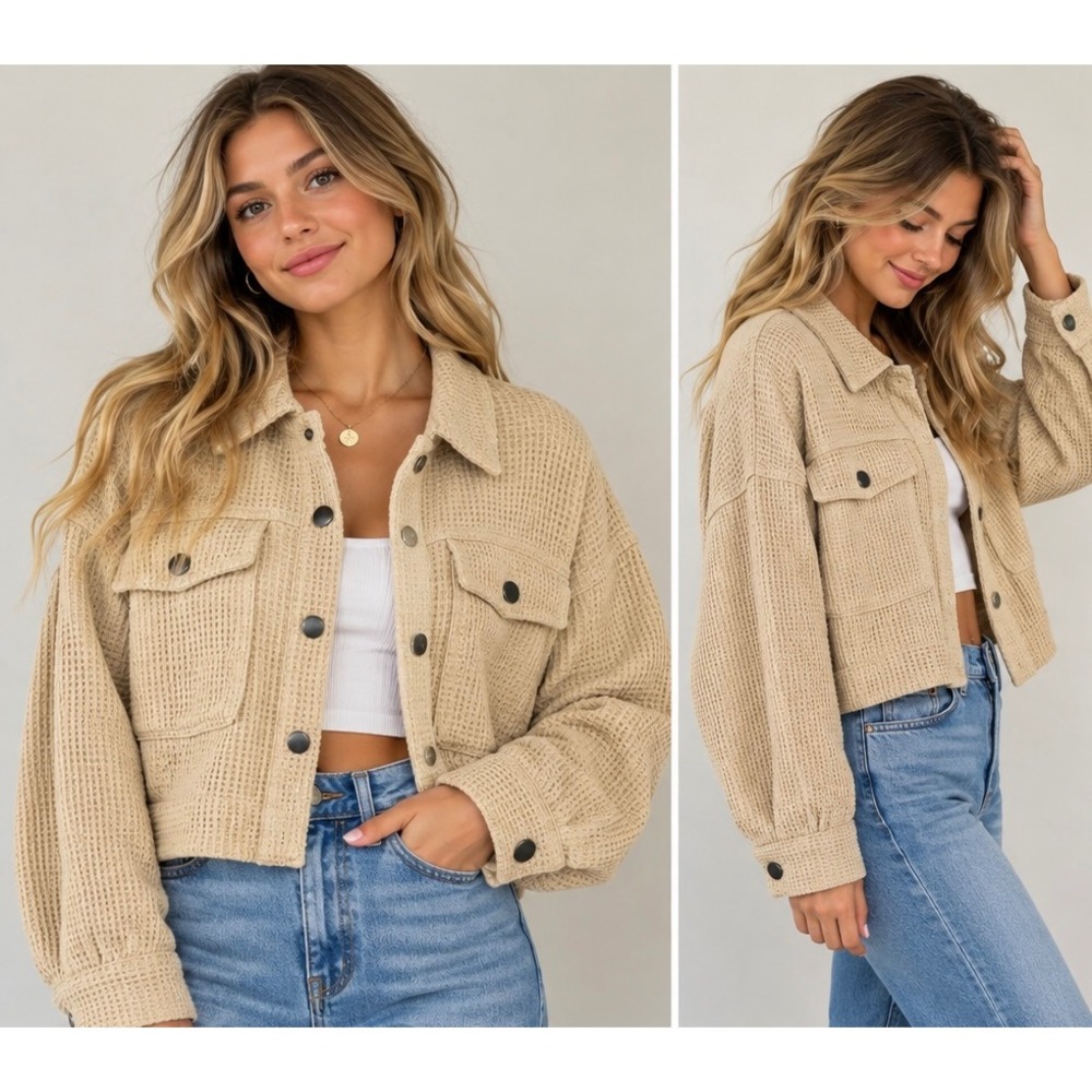 POL Waffle Knit Cropped Shacket Women's Small Beige Snap Front Oversized Jacket